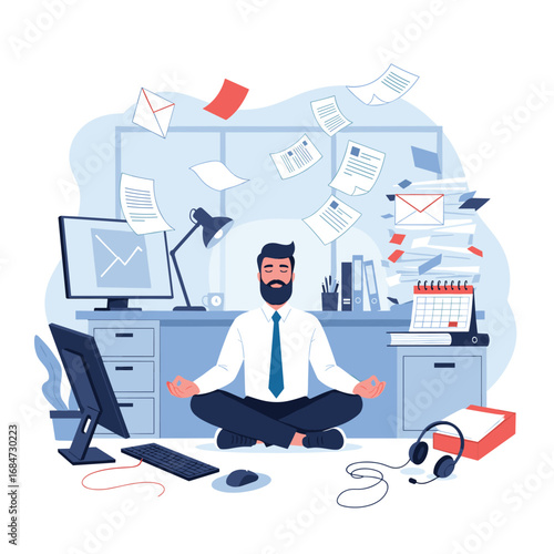 Office worker achieves inner peace amidst chaotic paperwork and digital overload demonstrating stress management techniques for workplace productivity