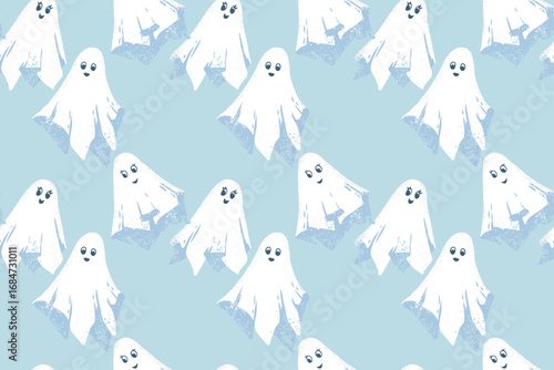 Seamless cute Halloween vector pattern with playful white ghosts on pastel blue background. Kids holiday prints, party decor, wrapping paper, and spooky designs