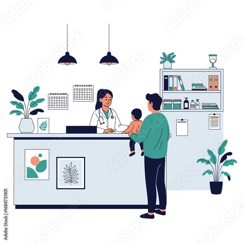 Doctor and patient interaction at clinic reception desk with child