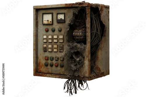 Rusty electrical control panel showing exposed wires and components on transparent background