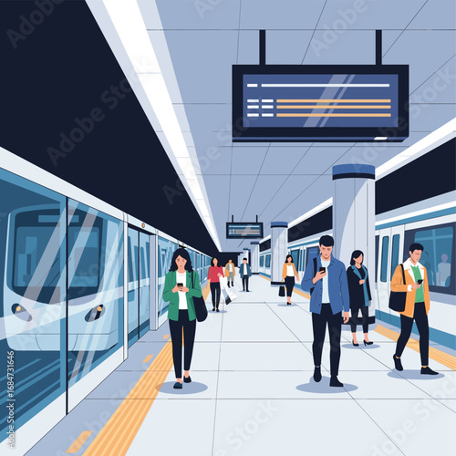 Modern city subway station with commuters waiting for trains on the platform