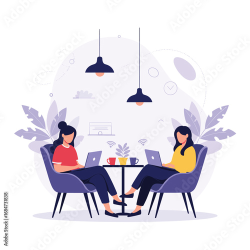 Two women working on laptops at a cafe enjoying coffee and plants creating a productive atmosphere
