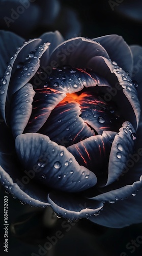 Close-up of a blooming black tulip with dew drops on a dark background.