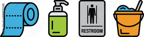 Illustration showing toilet paper, soap dispenser, restroom sign, and cleaning bucket icon set