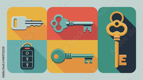 A flat design illustration featuring five different keys and a car key fob on colorful squares