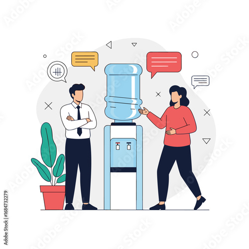 Colleagues discussing ideas and hydrating at the office water cooler during a casual conversation break
