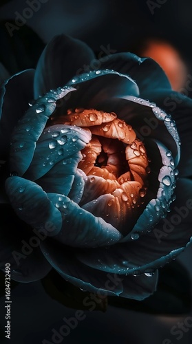 Close-up of a blooming black tulip with dew drops on a dark background.