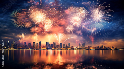 Fireworks Display Over City Skyline Reflected in Water and copy space