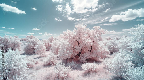 Surreal summer landscape rendered in infrared tones, otherworldly appearance, infrared spectrum, high quality details