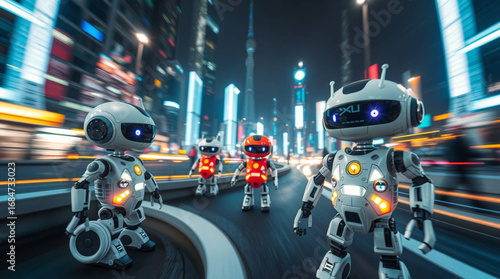 An adorable and charming futuristic robotic world captured using long exposure photography, showcasing motion blur and light trails
