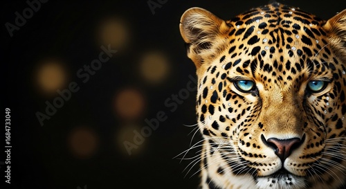 Leopard's Gaze: A Portrait of Elegance with Sparkling Embellishments and Blue Eyes