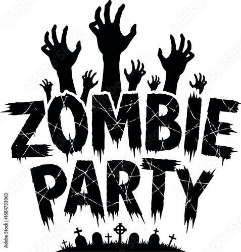 Spooky zombie party invitation design with rising hands and gravestones for halloween celebration vector