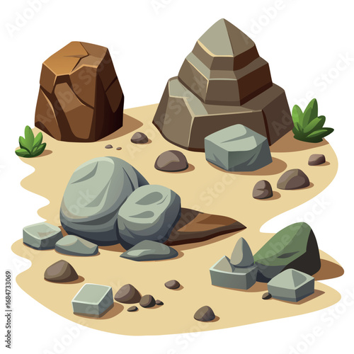 Cartoon stone and brown rock, 3D boulders and pebbles, pile of rubble and debris, isolated natural landscape elements, mountain cliff and rocky terrain, gravel game texture wall piece. Vector set 