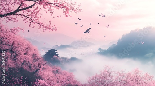 Early morning sakura on countryside hill, early morning sakura with rolling fog, early morning sakura in pastel skies