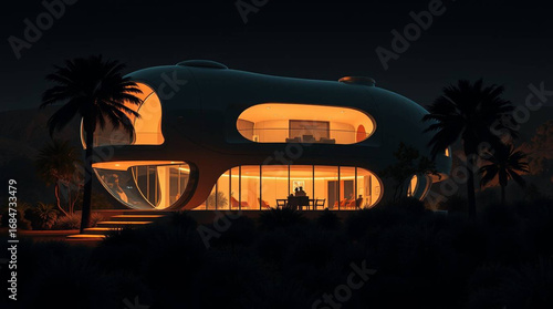 A futurist capsule villa depicted with contrasting chiaroscuro lighting, highlighting strong contrasts and deep shadows in a digital painting style