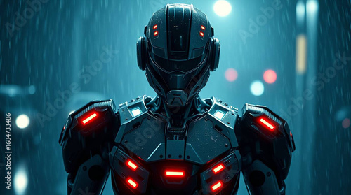 A dramatic cinematic scene a futuristic robot with LED lights stands in a wet, rainy environment. Drizzling rain creates reflections on reflective surfaces. Film-like composition and lighting are cruc