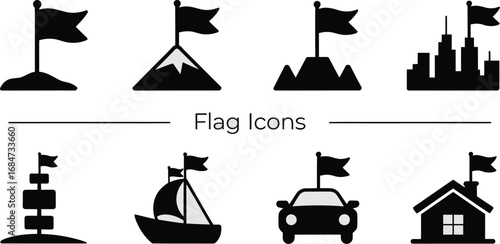 A collection of eight black and white flag icons representing various objects and locations designs