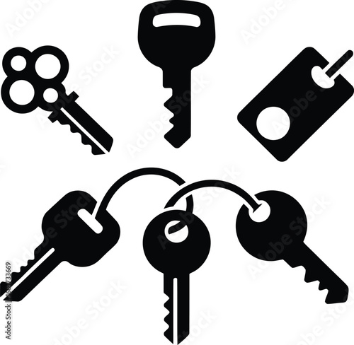 A collection of stylized black keys and a tag arranged in a visually appealing composition design