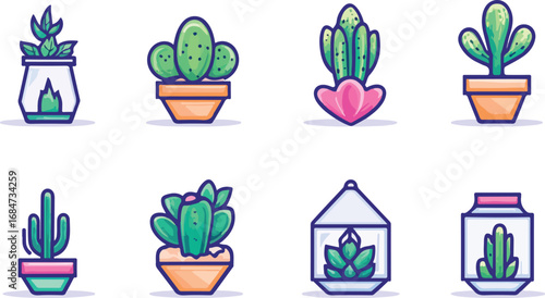 Collection of eight adorable cartoon cactus plants in colorful pots and terrariums on white background