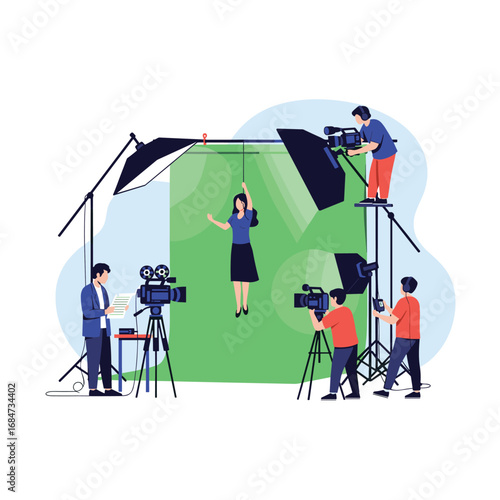 Professional film crew capturing dynamic action on a vibrant green screen studio set