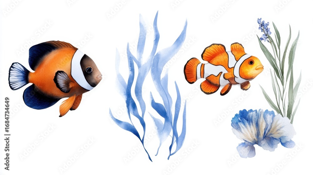Fototapeta premium Watercolor marine life collection with tropical fish and underwater flora on light sea background