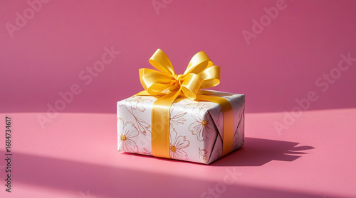 Gift box with ribbon on a pink background