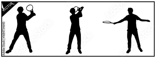 Set of three vector male tennis players. Vector illustration.