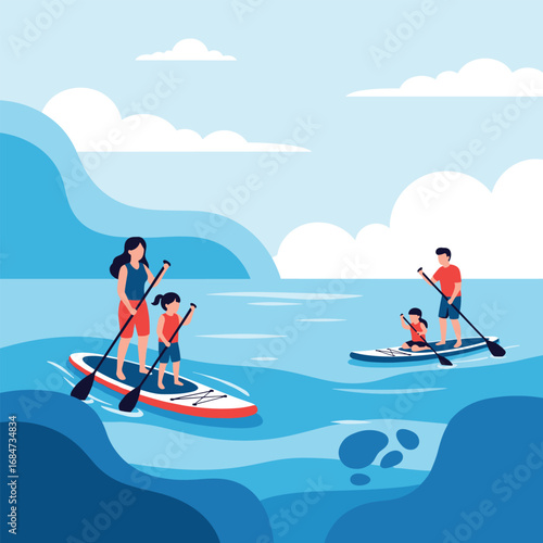 Family enjoying a peaceful paddleboarding adventure on a bright sunny day with gentle waves and scenic blue water in the background