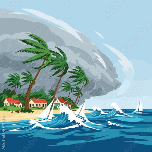 Tropical storm approaches coastal village with palm trees and sailboats in turbulent waters
