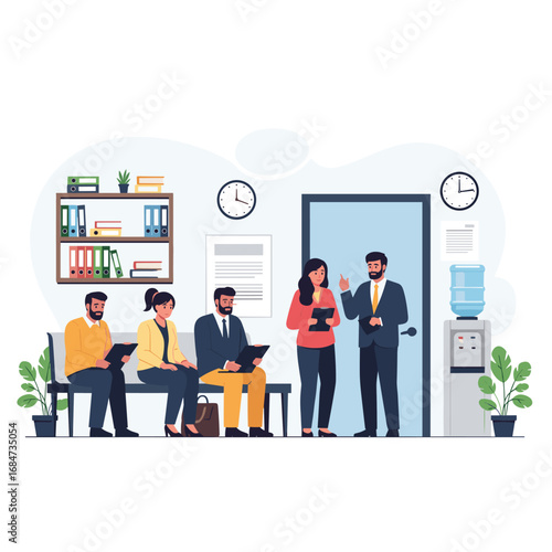 Diverse professionals awaiting their turn in a modern office waiting area interview process