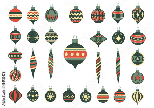 A collection of festive christmas ornaments in various shapes and festive patterns perfect for holiday decoration