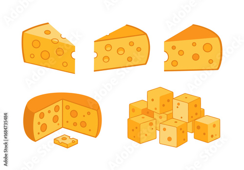 A collection of various cheese cuts and shapes including slices cubes and wedges representing delicious dairy food