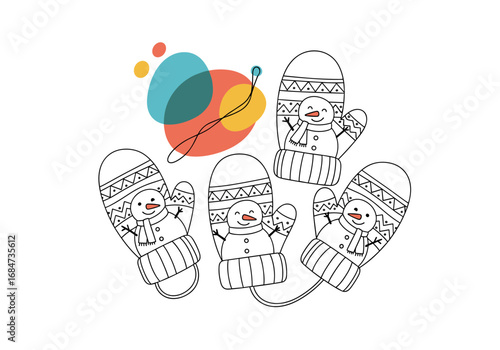 Adorable snowman mittens with festive winter decorations and colorful abstract shapes overhead