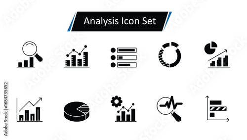 Analysis Icon Set: Data Charts, Business Reports, Market Research, Financial Graphs, and Statistical Analytics Vector Illustrations