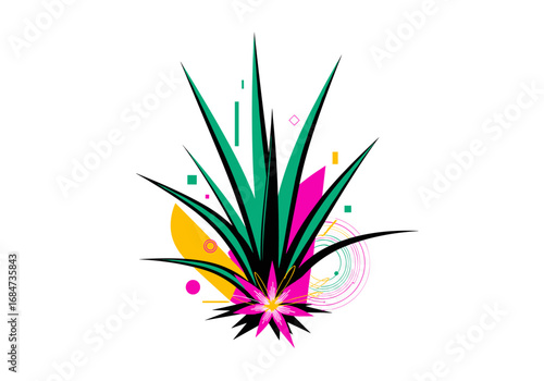 Abstract art deco styled plant illustration with geometric shapes and vibrant colors