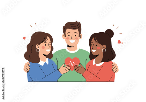Three friends showing affection and support with a shared heart symbol representing unity and love