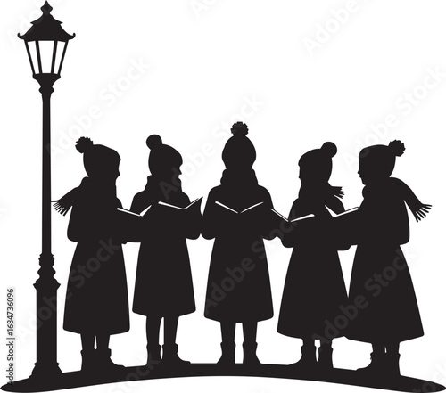 Children silhouette caroling under lamppost festive holiday season celebration scene