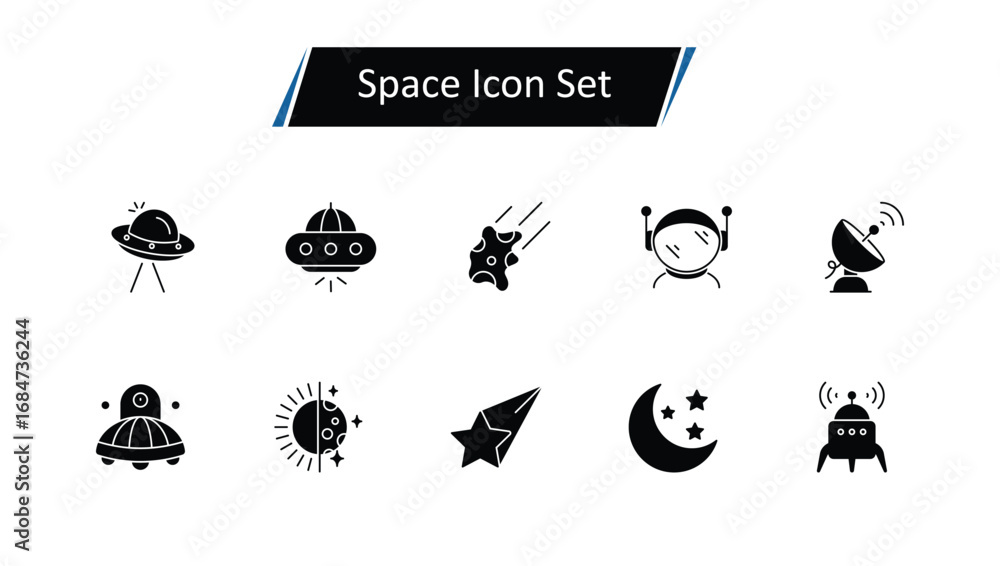 Fototapeta premium Space Icon Set: Astronauts, Moons, Meteors, Aliens, Space Capsules, and Astronomy Vector Illustrations for Science, Exploration, and Galaxy Design