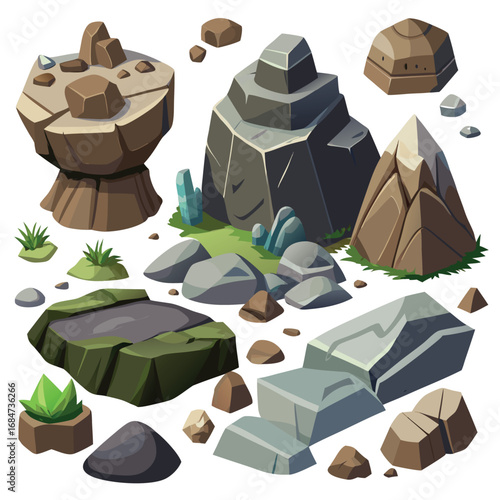 Cartoon stone and brown rock, 3D boulders and pebbles, pile of rubble and debris, isolated natural landscape elements, mountain cliff and rocky terrain, gravel game texture wall piece. Vector set 