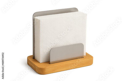 White paper napkins in metal and wooden dispenser on transparent background