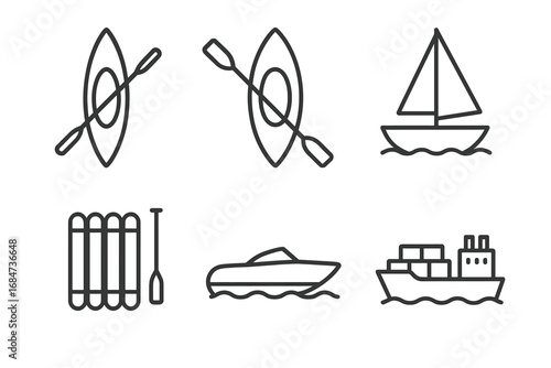 Icons of kayak, sailboat, raft, speedboat, cargo ship