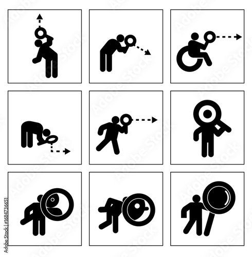 Lost and found and Research and Discovery Icon Set: Vector Magnifying Glass Symbols, Analysis, Problem Solving, Insight, Looking for, Missed, puzzled