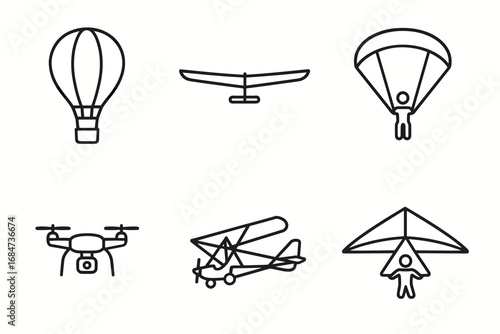 Minimalist line icons of aerial transport: hot air balloon, glider, parachute, drone, biplane, hang glider