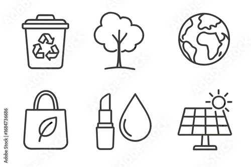 Eco-friendly icons: recycling, tree, earth, tote bag, lipstick, water drop, solar panel