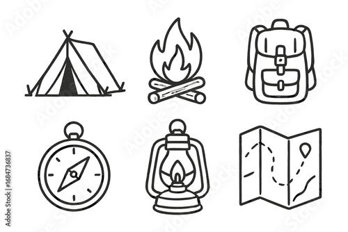 Camping essentials: tent, campfire, backpack, compass, lantern, map symbols