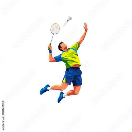 A badminton player in mid-air, hitting a shuttlecock with a racket. This vector illustration is perfect for themes of sports, fitness, and competition.