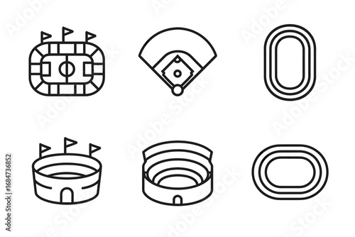 Black outline icons of sports stadiums and arenas for various sports and events
