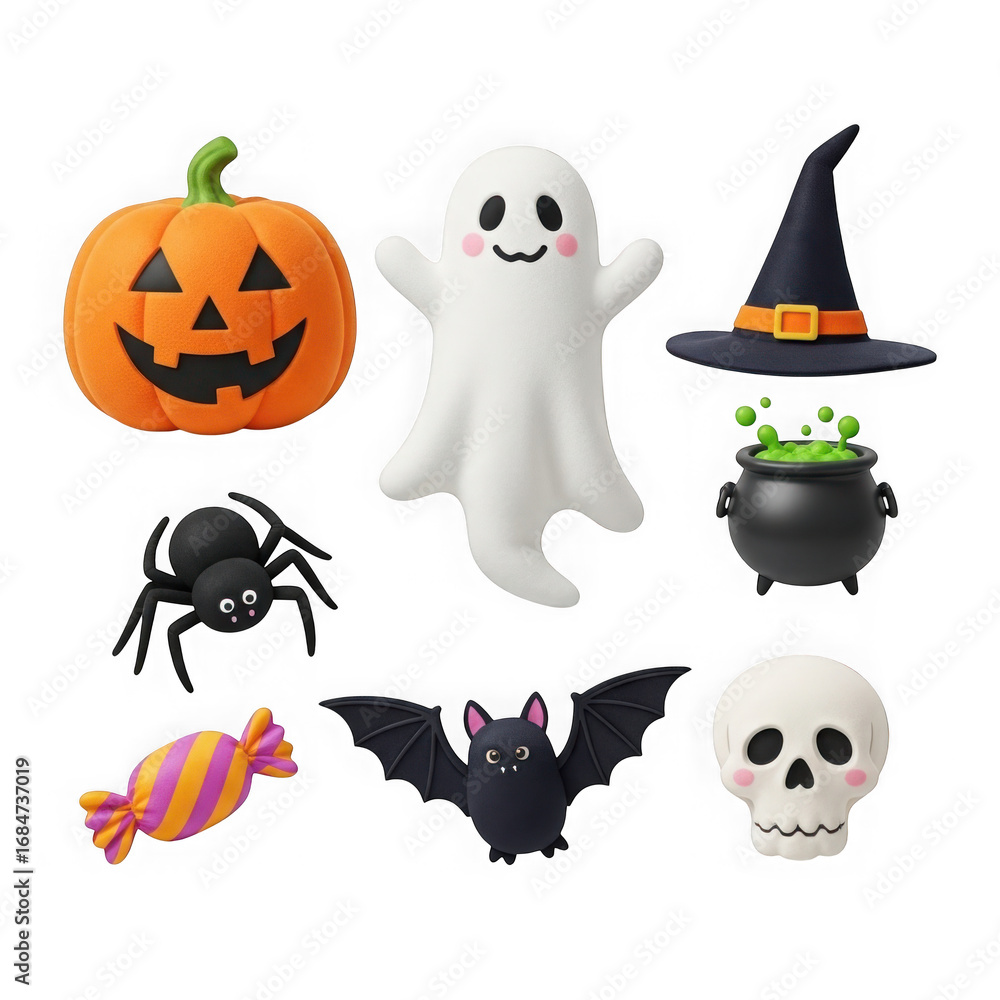 Fototapeta premium 3d halloween collection spooky objects cute ghost pumpkin spider witch hat bat candy skull transparent background