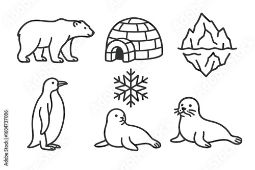 Arctic symbols: polar bear, igloo, iceberg, penguin, seal, snowflake outline