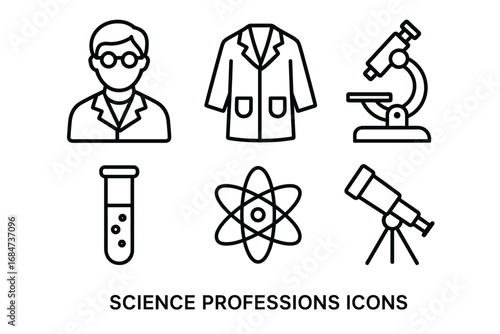 Science professions icons: scientist, lab coat, microscope, test tube, atom, telescope